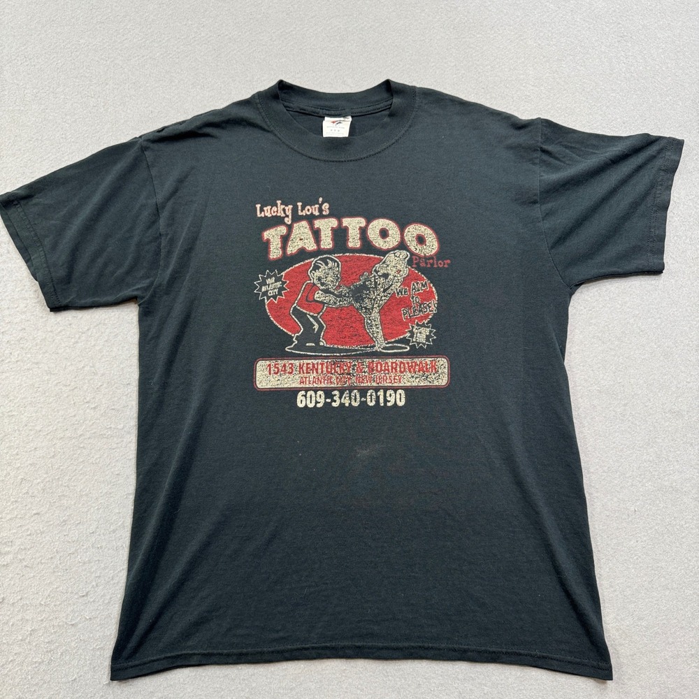 Vintage Atlantic City T-Shirt Mens Medium Black Lucky Lou's Tattoo Jerzees